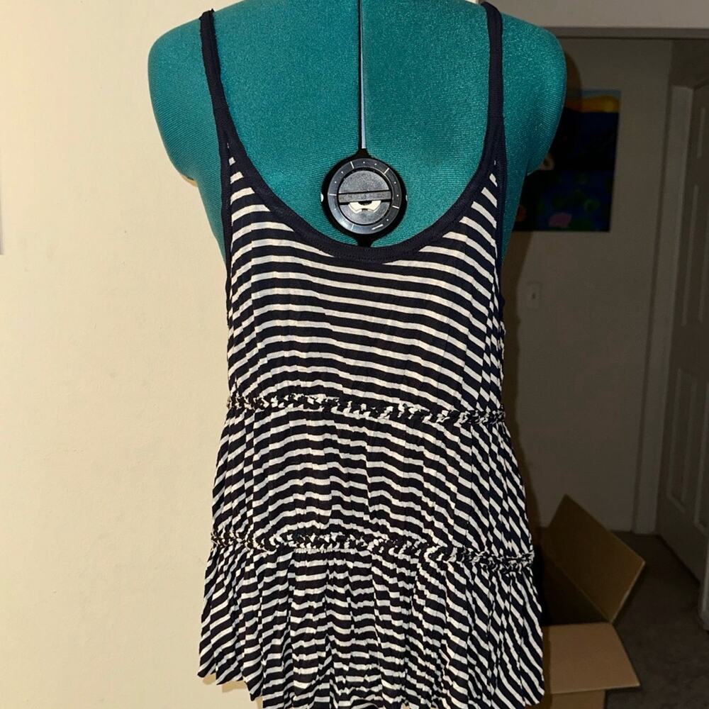 Navy Blue Striped Flowy Tank V Back Casual Summer Top